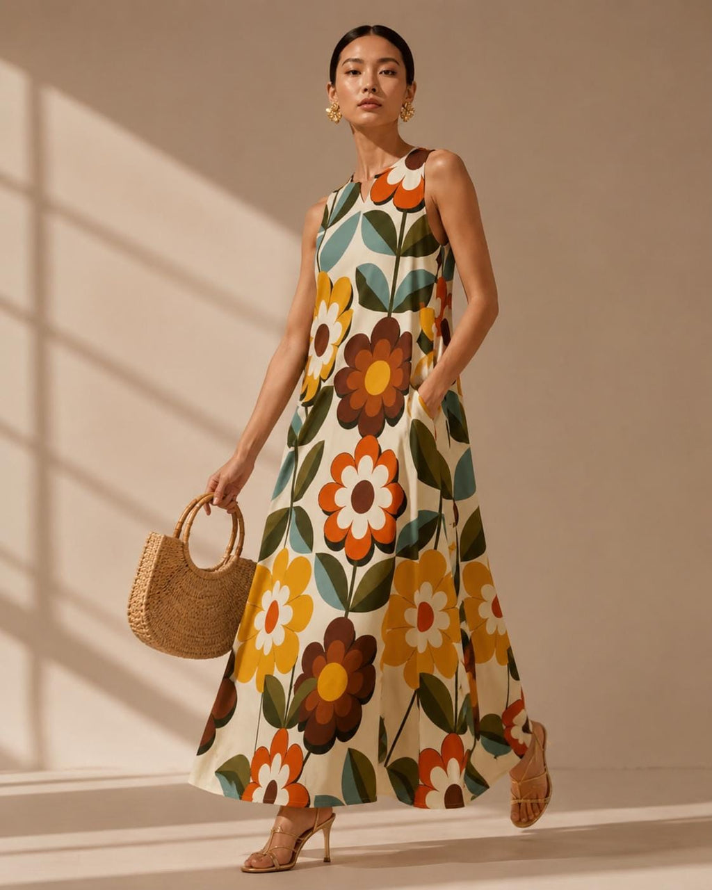 Retro Floral Maxi Dress with Pockets | Vintage Wedding Guest Dress