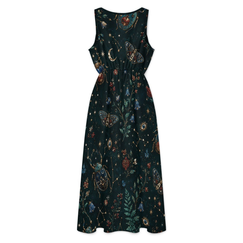 Deep Teal Botanical Maxi Dress with Pockets | V-Neck