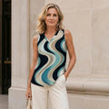 Retro Coastal Wave V-Neck Top | Teal Beige Resort Blouse