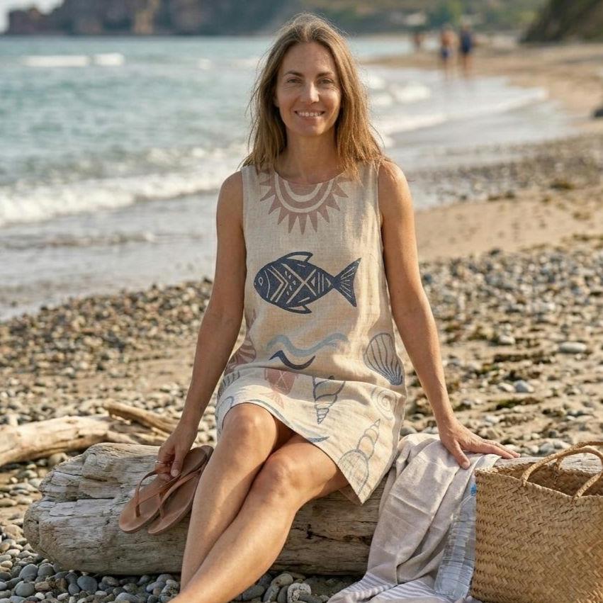 Fish Print A-Line Pocket Dress | Coastal Vacation Resort Dress