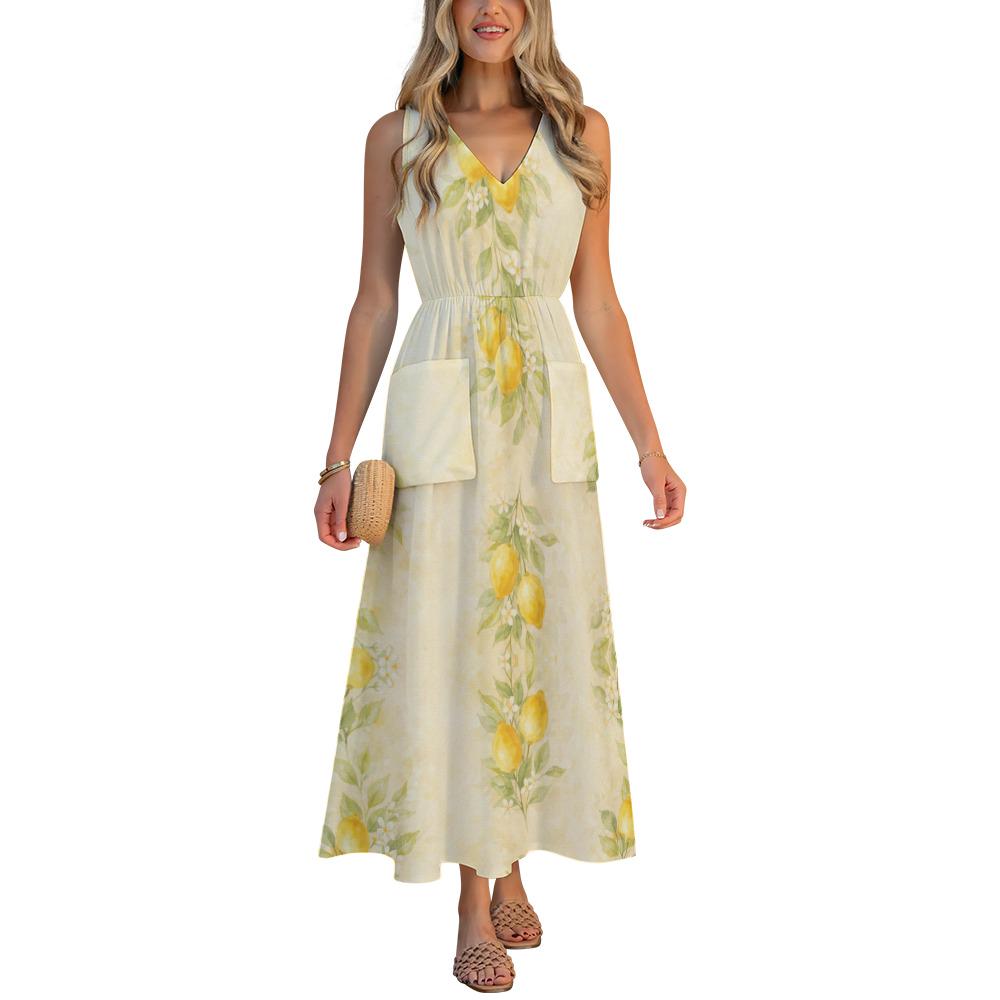 Lemon Maxi Dress | Watercolor Citrus Resort Dress with Pockets