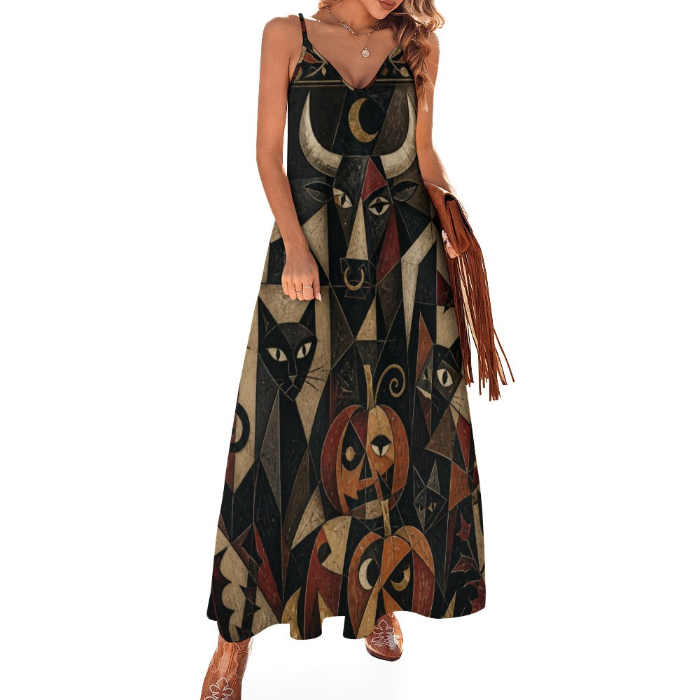 Dark Celestial Art Slip Maxi Dress | Spaghetti Strap Long Dress