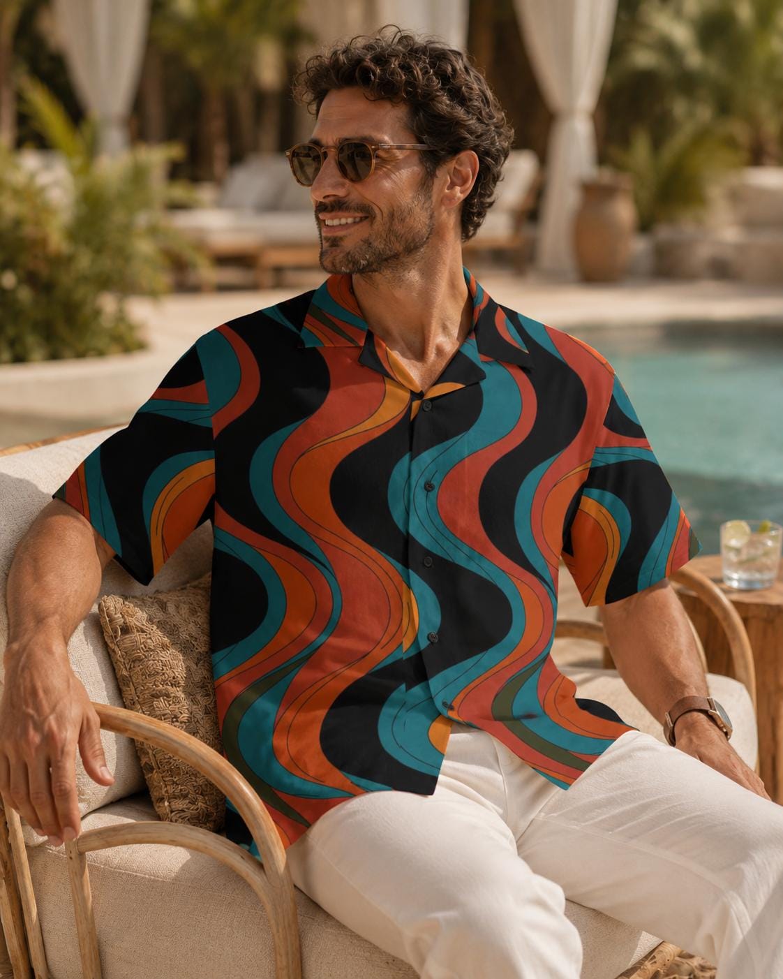 Men’s Retro Wave Hawaiian Shirt | 70s Resort Button-Up