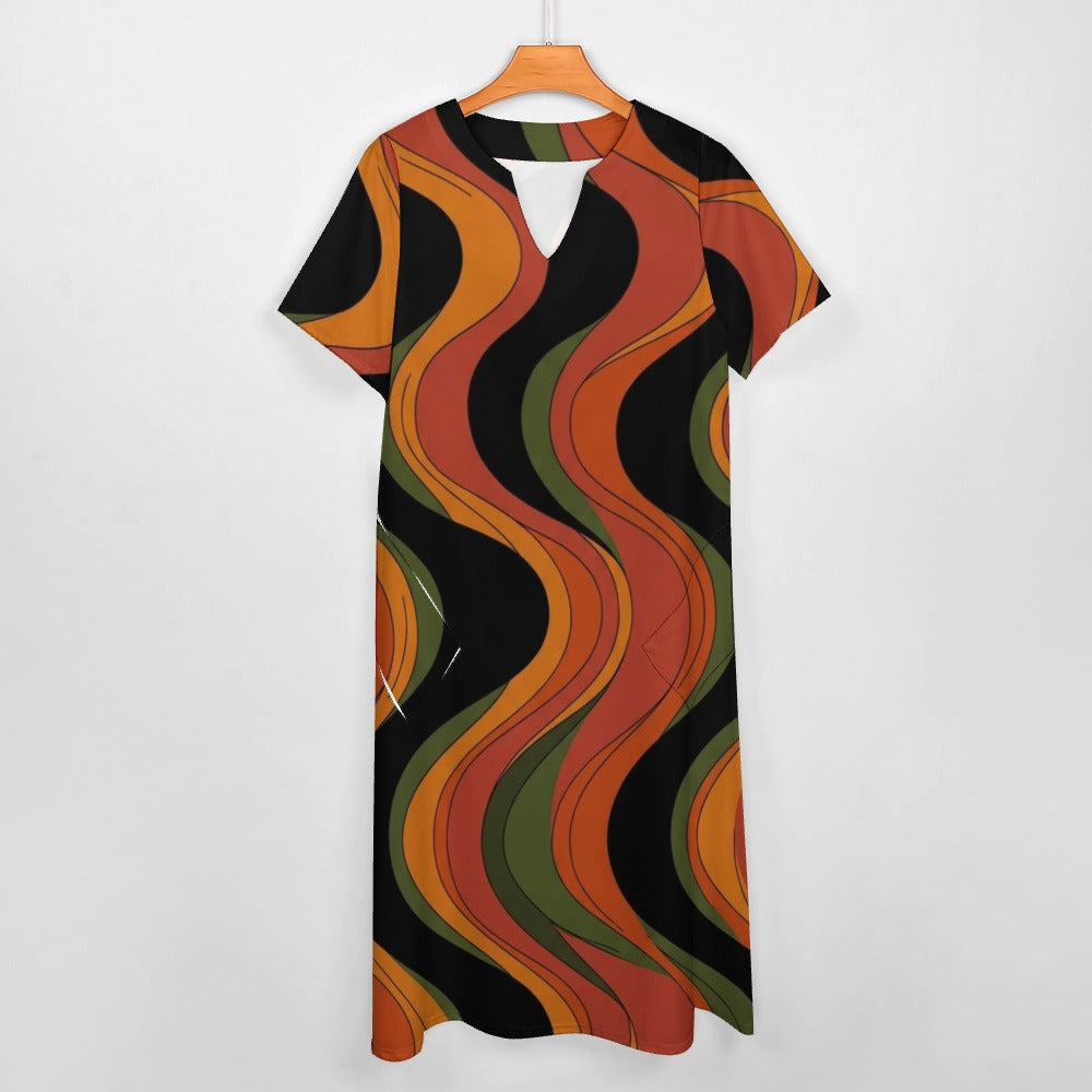 Groovy 70s Maxi Dress, Retro Wave V Neck Dress, Short Sleeve Statement Outfit