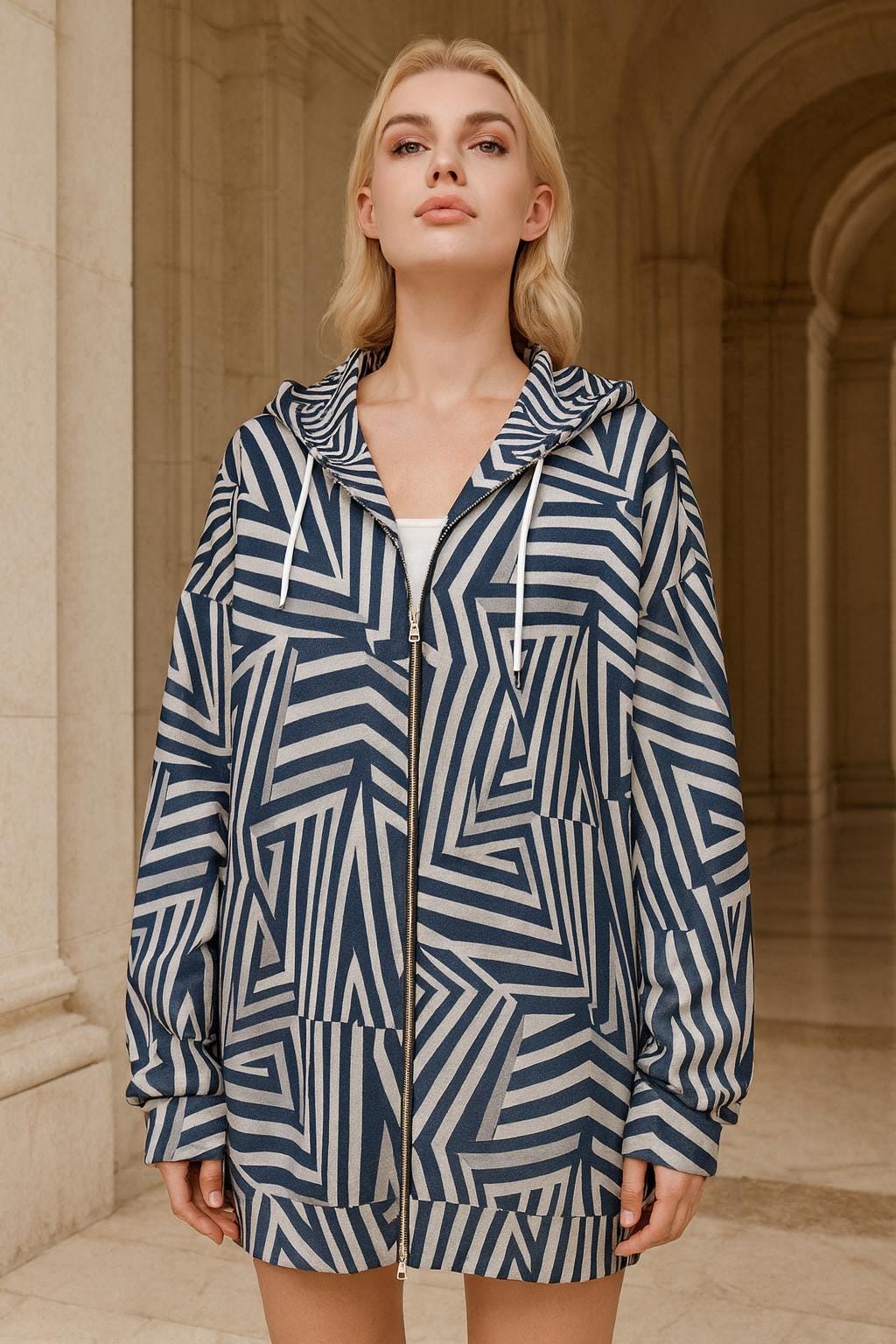Navy Geometric Maze Zip Hoodie | Abstract Quiet Luxury Streetwear