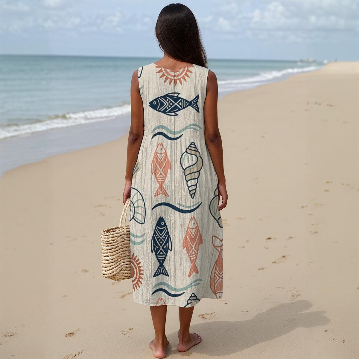 Coastal Fish Cotton Midi Dress | Sleeveless Resort Pocket Dress