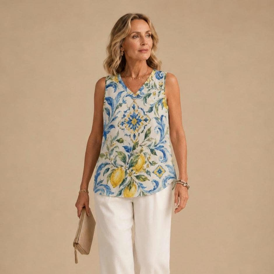 Mediterranean Lemon V-Neck Top | Amalfi Sleeveless Blouse