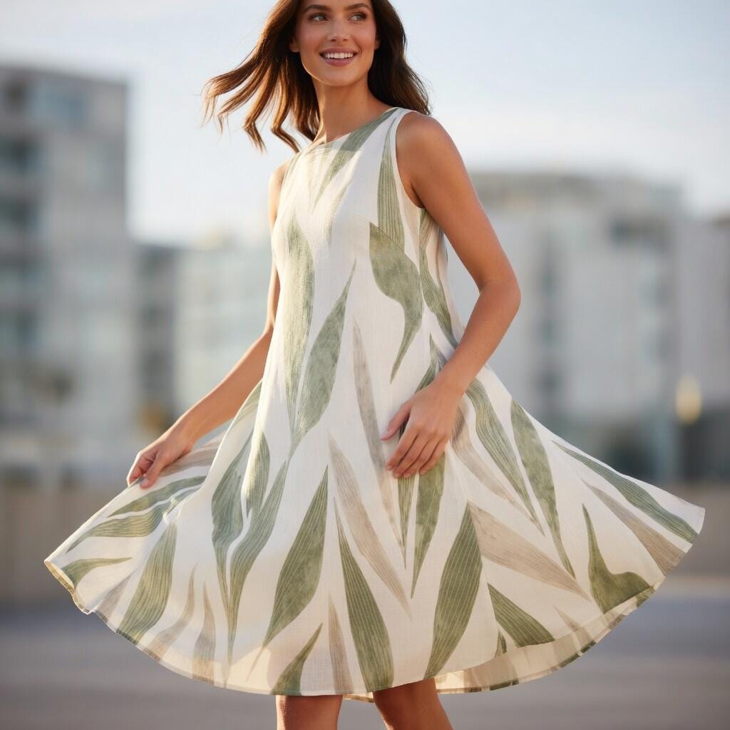Leaf Print A-Line Mini Dress | Sleeveless Summer Pocket Dress