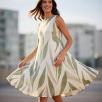 Leaf Print A-Line Mini Dress | Sleeveless Summer Pocket Dress