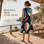 Retro Abstract A-Line Midi Dress | Wearable Art Wedding Guest Dress