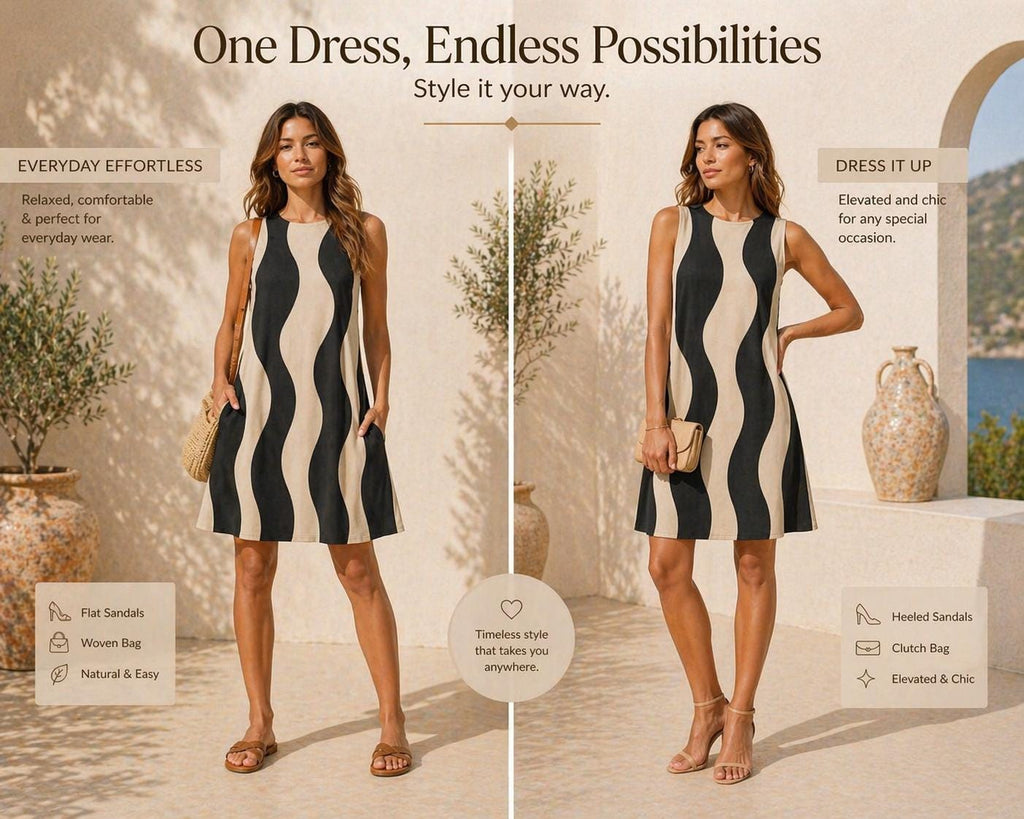 Minimalist Wave A-Line Midi Dress | Black Beige Pocket Occasion Dress
