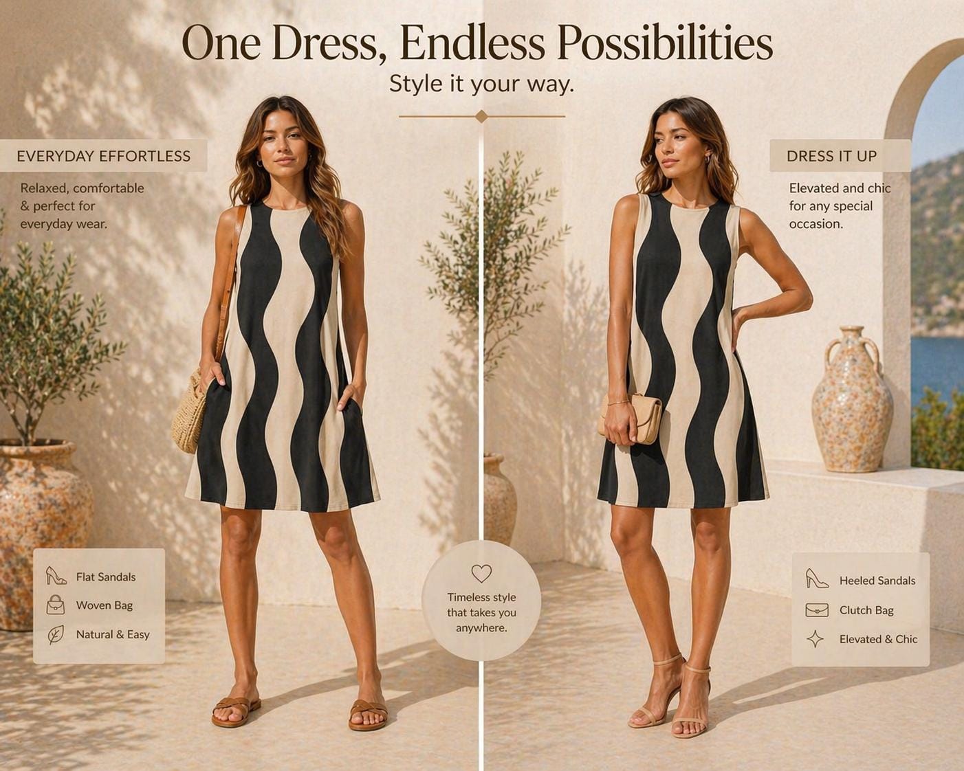 Minimalist Wave A-Line Midi Dress | Black Beige Pocket Occasion Dress