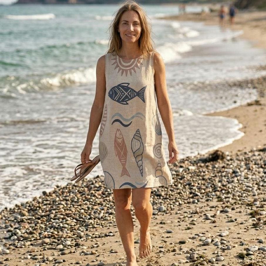 Fish Print A-Line Pocket Dress | Coastal Vacation Resort Dress