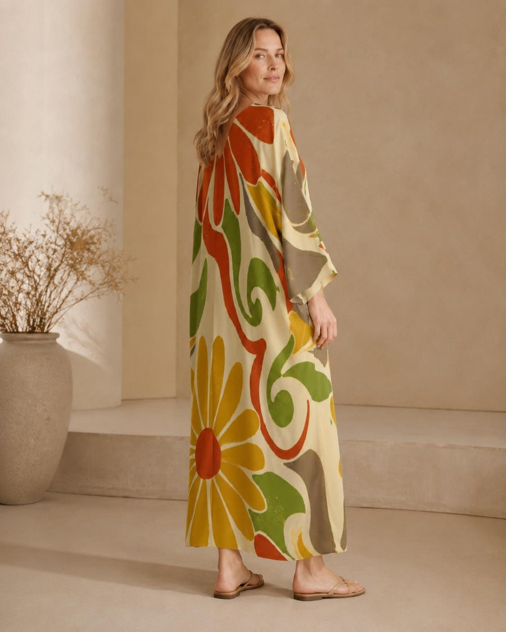 Retro Floral Kaftan Dress | 70s Boho Resort Maxi Dress