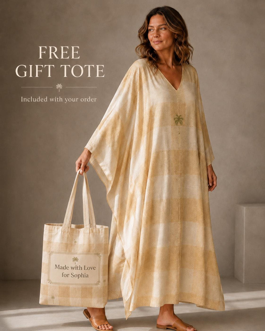 Beige Plaid Kaftan Dress | Oversized Resort Cover-Up
