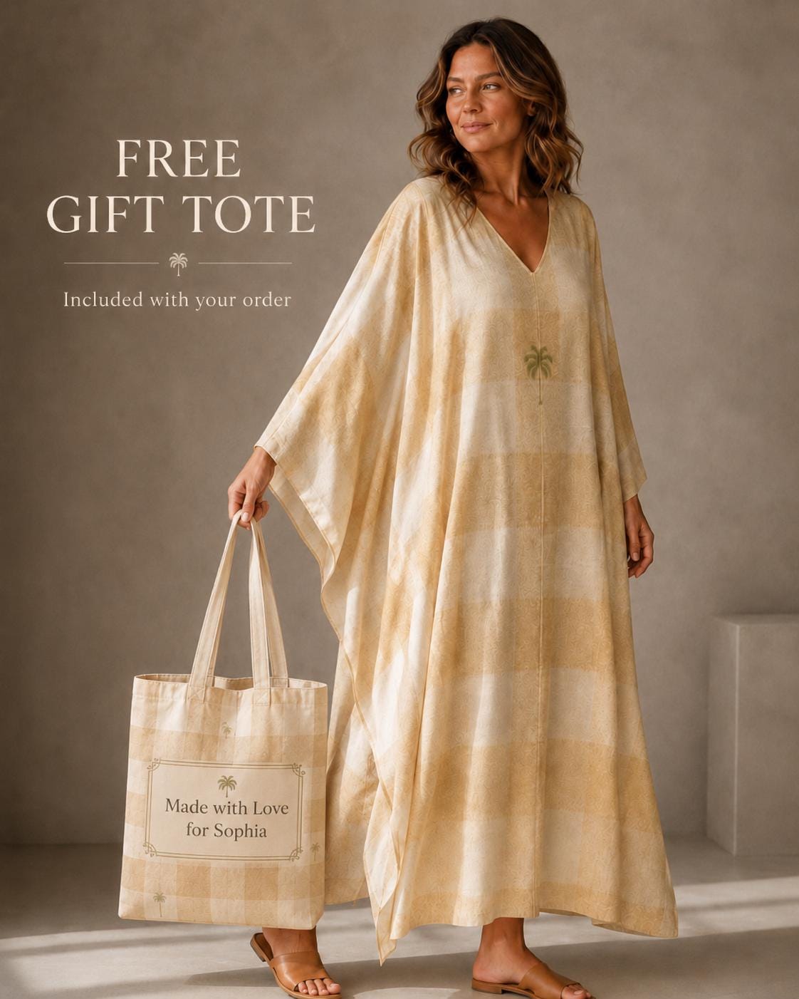 Beige Plaid Kaftan Dress | Oversized Resort Cover-Up