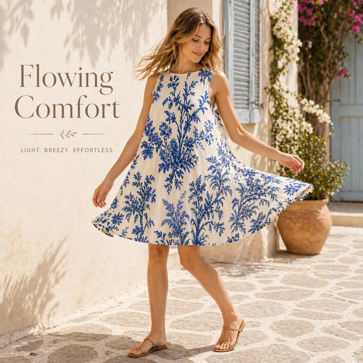 Blue Floral Mediterranean Midi Dress | A-Line Vacation Dress with Pockets