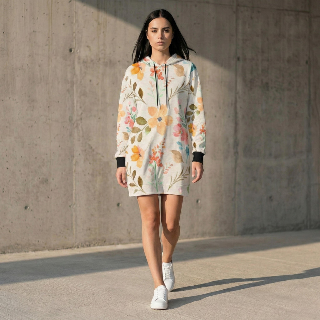 Watercolor Floral Hoodie Dress | Long Sleeve Casual Sweatshirt Dress