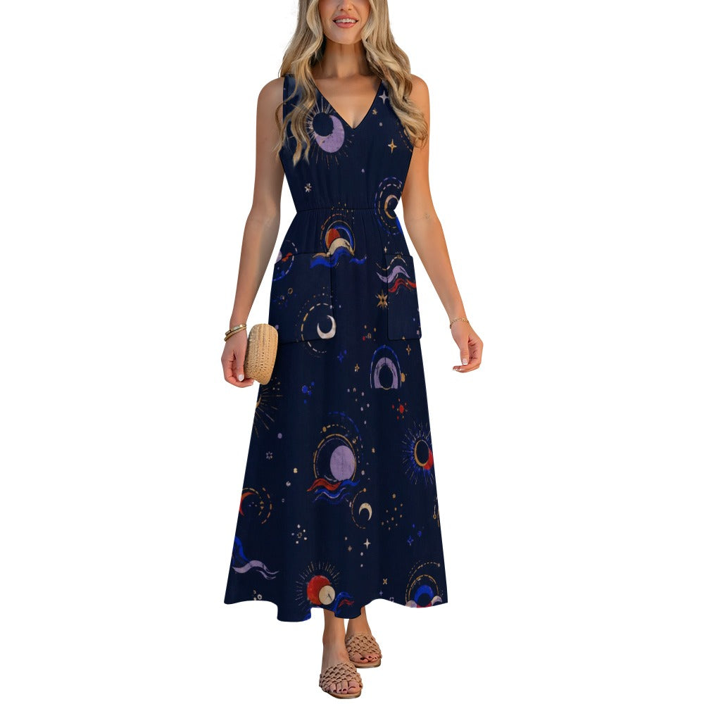 Navy Celestial Floral Maxi Dress with Pockets | V-Neck