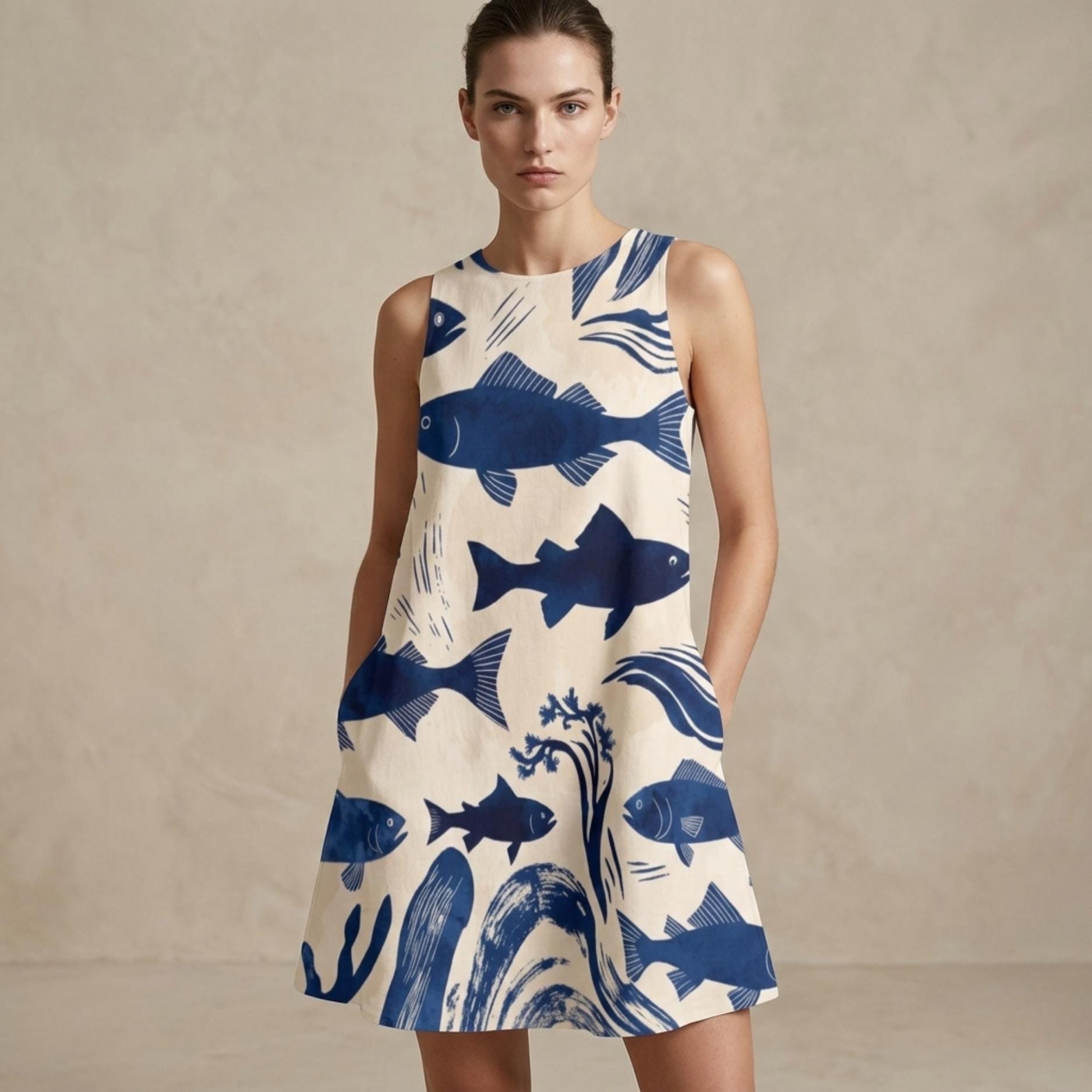 Indigo Fish A-Line Dress | Coastal Pocket Summer Dress