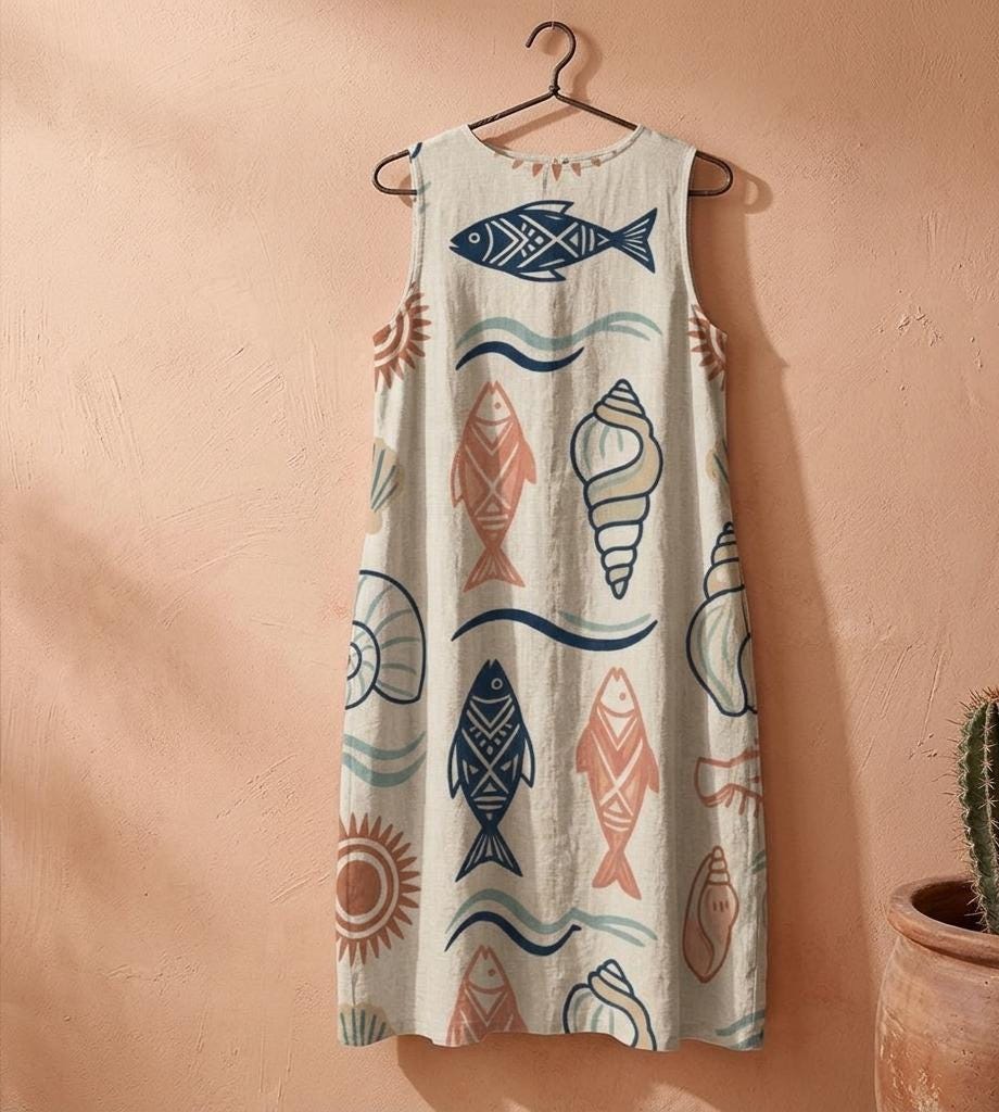 Coastal Fish Cotton Midi Dress | Sleeveless Resort Pocket Dress