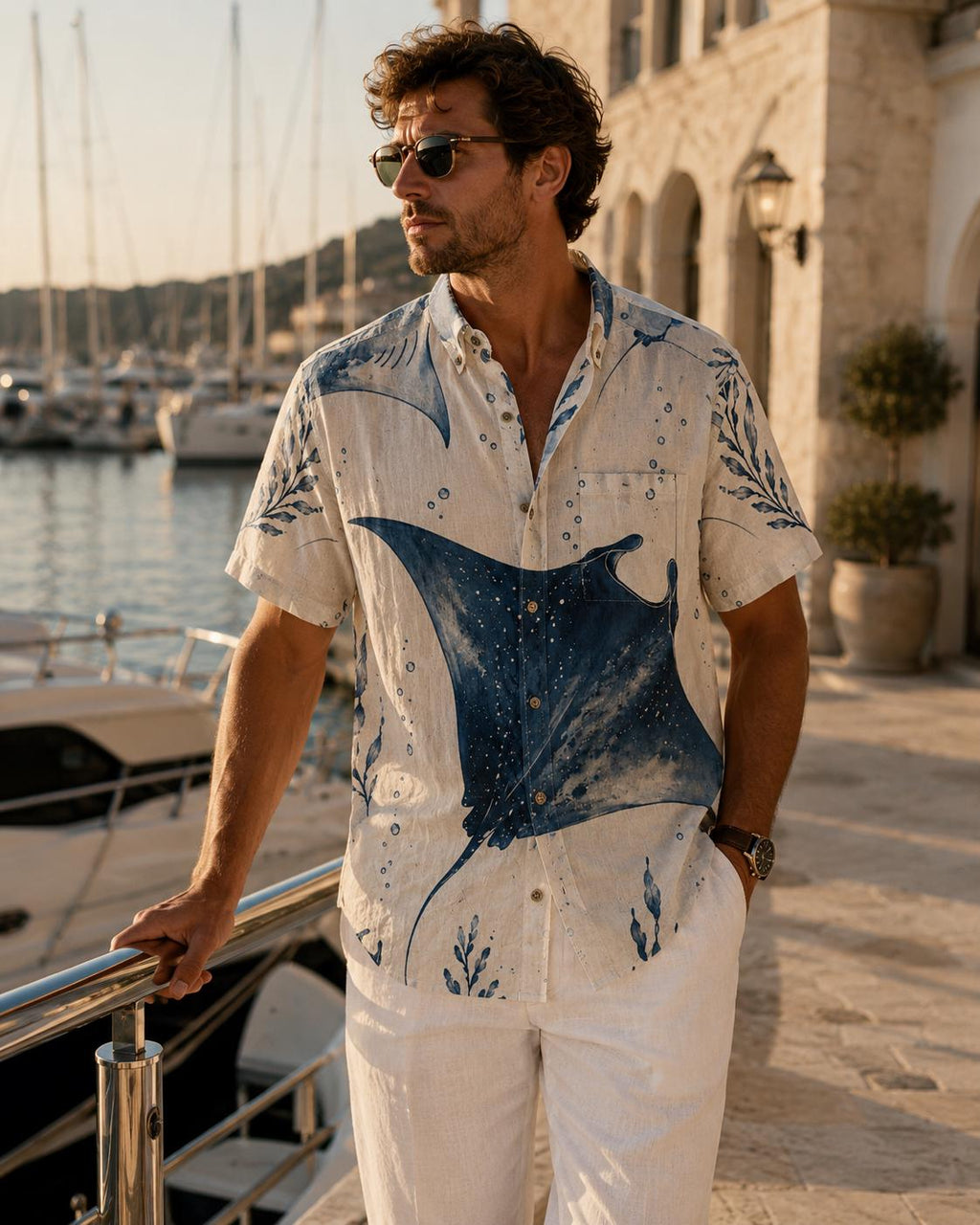 Men’s Manta Ray Cotton Shirt | Coastal Marine Resort Shirt