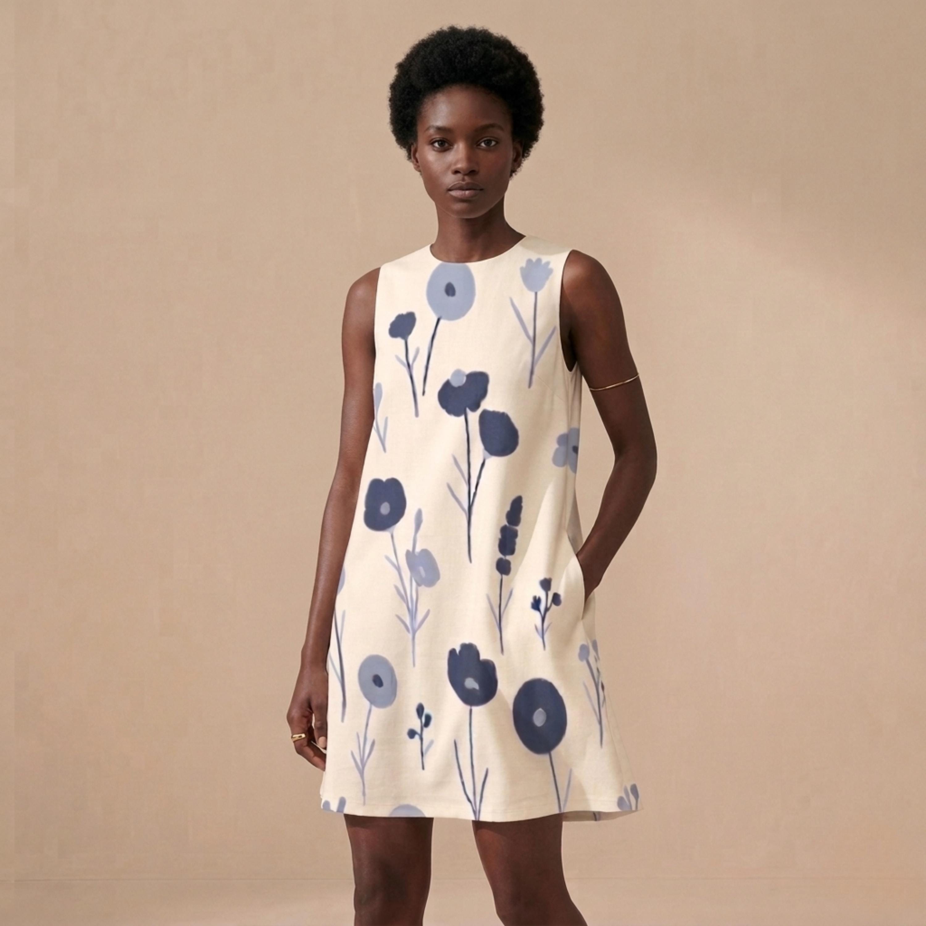 Blue Floral A-Line Mini Dress with Pockets | Scandinavian Summer Dress