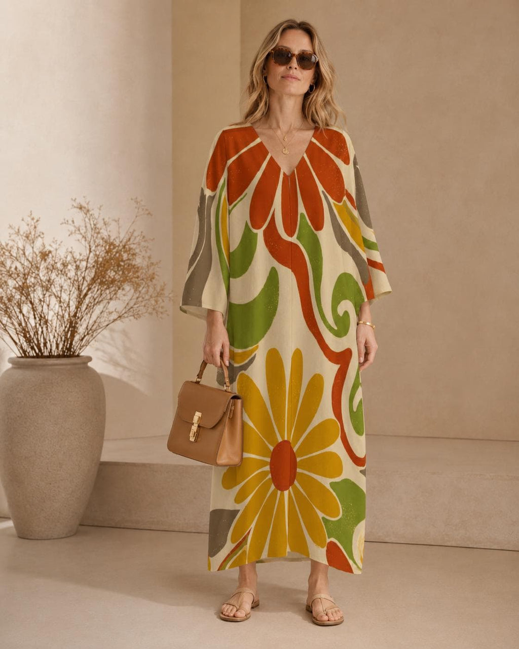 Retro Floral Kaftan Dress | 70s Boho Resort Maxi Dress