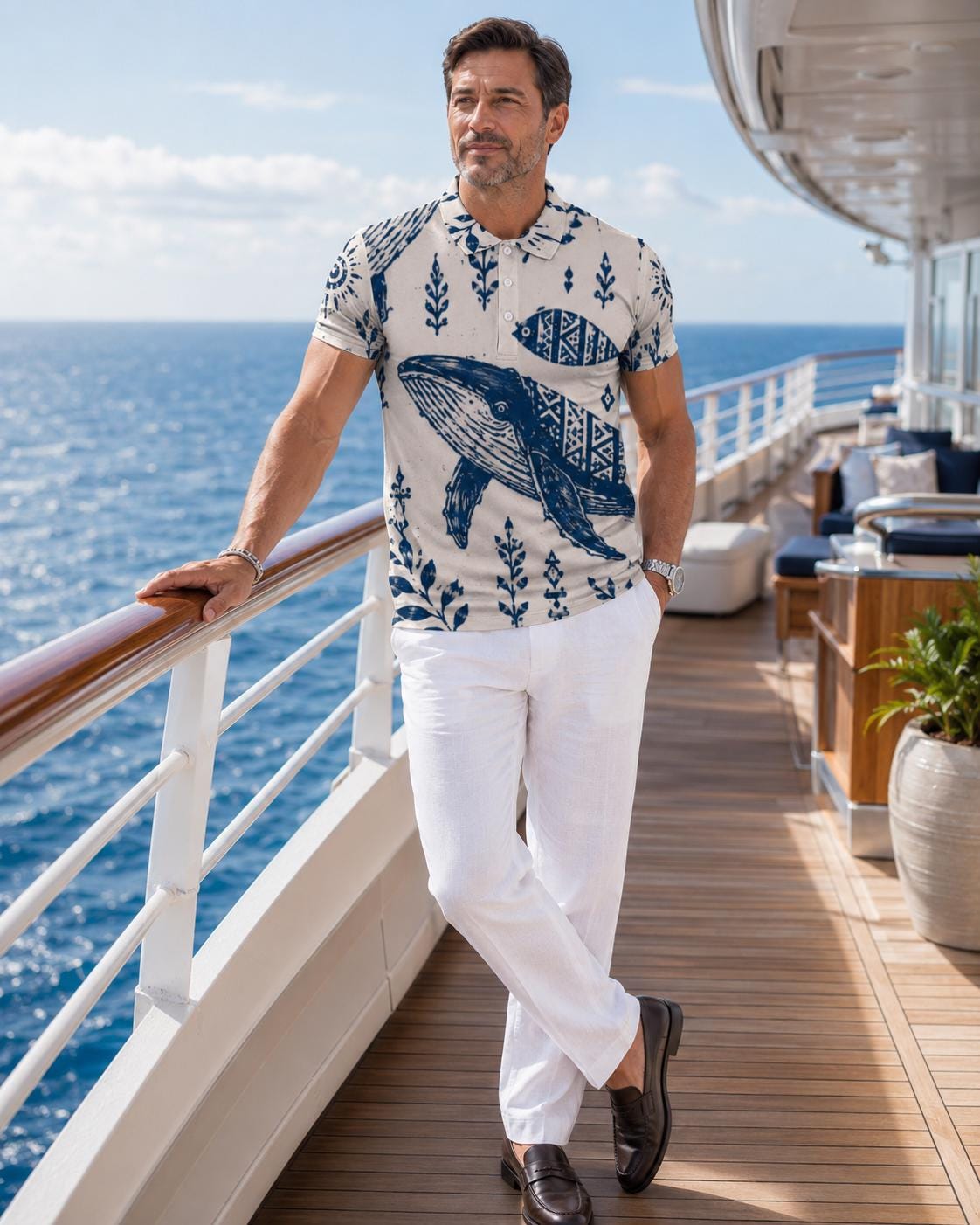 Men’s Whale Print Polo Shirt | Nautical Coastal Resort Top