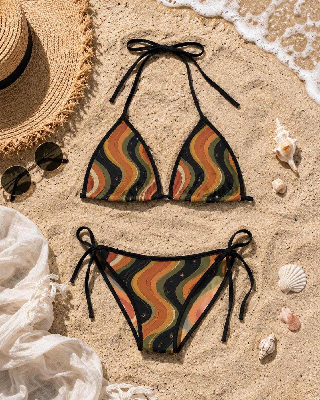 Retro Wave Halter Bikini Set | 70s Tie-Side Resort Swimwear