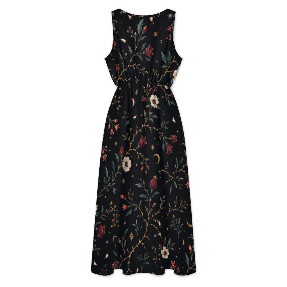 Black Abstract Floral Maxi Dress with Pockets | V-Neck
