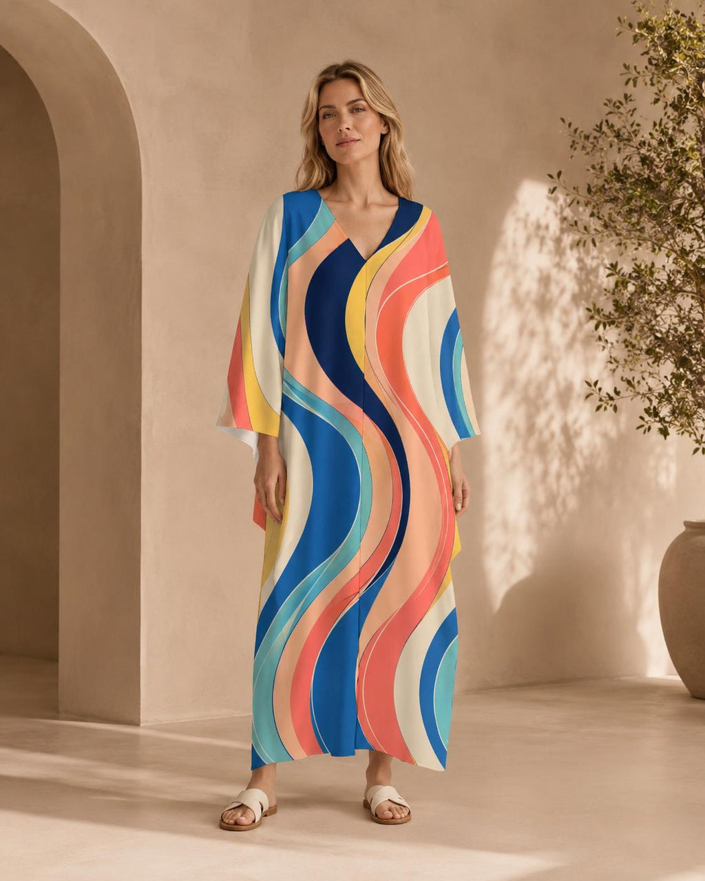 Retro Wave Kaftan Dress | Colorful 70s Resort Maxi Dress