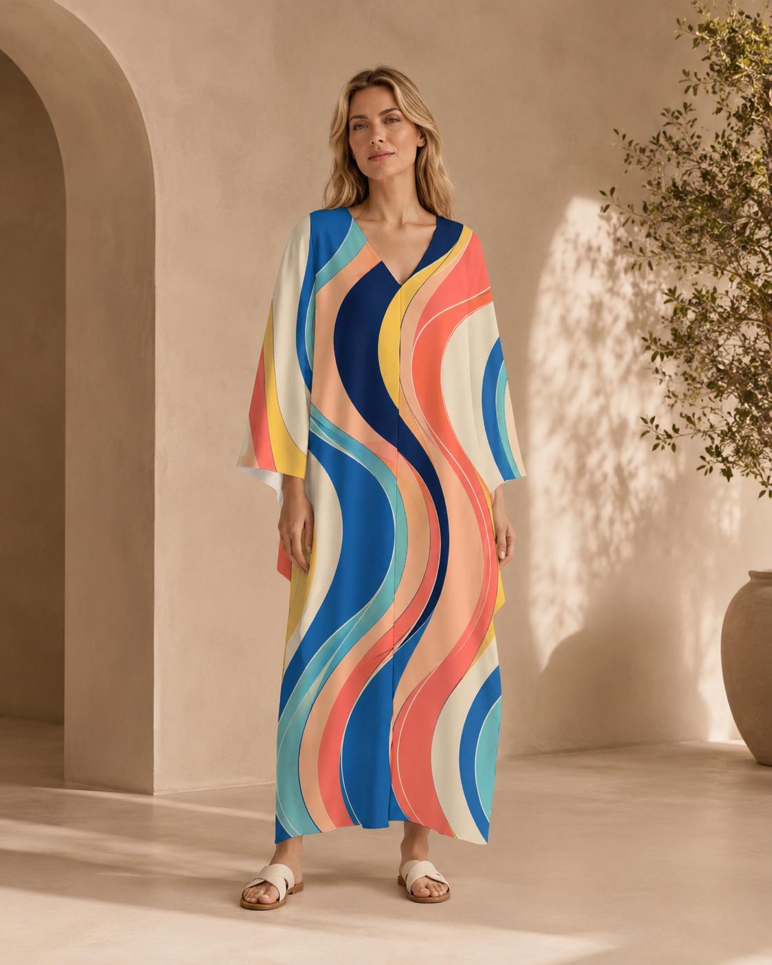 Retro Wave Kaftan Dress | Colorful 70s Resort Maxi Dress