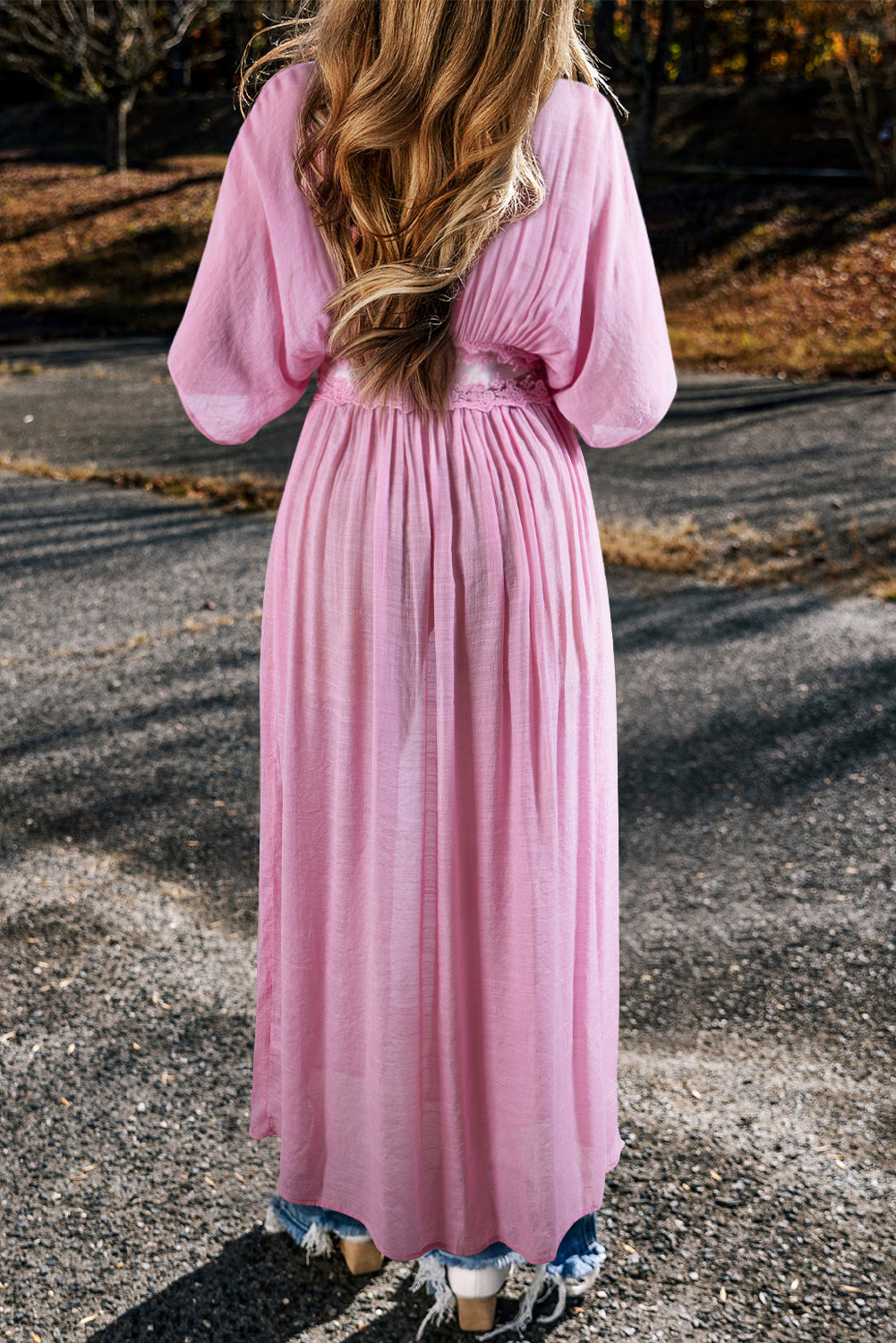 Lace-trim maxi kimono robe in black and light pink options