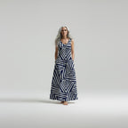 Architectural Monochrome Maxi Dress | Navy Geometric Resort Dress
