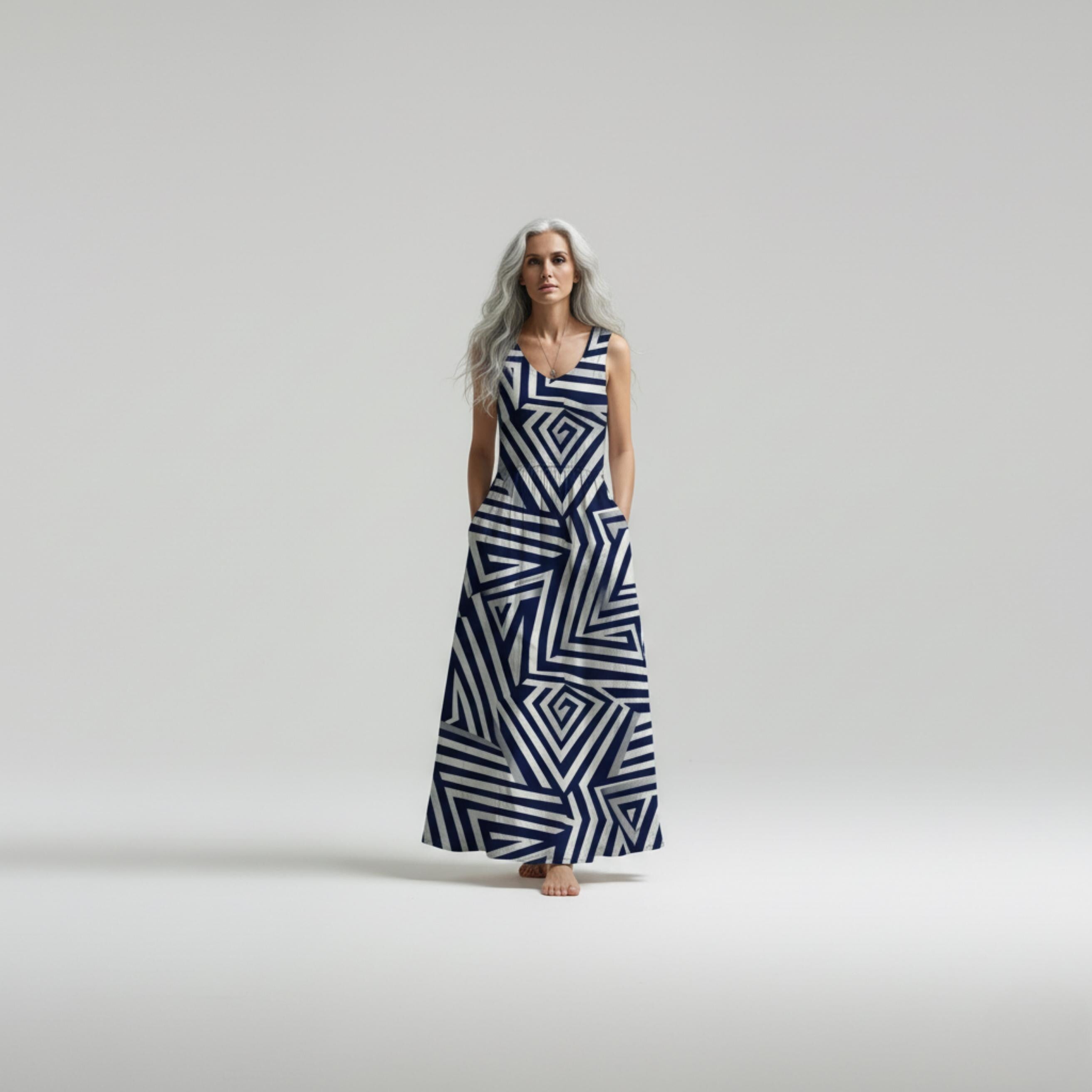 Architectural Monochrome Maxi Dress | Navy Geometric Resort Dress