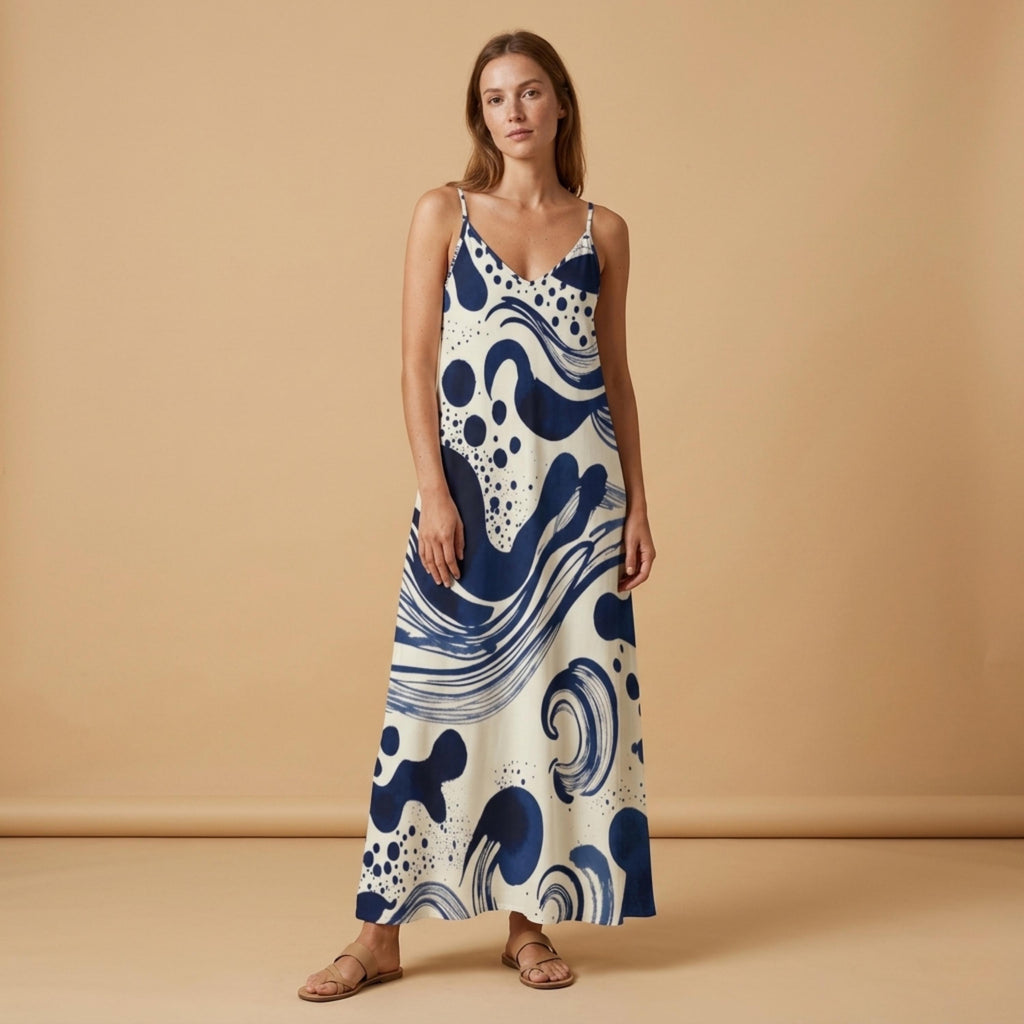 Blue White Slip Maxi Dress | Elegant Mediterranean Vacation Dress