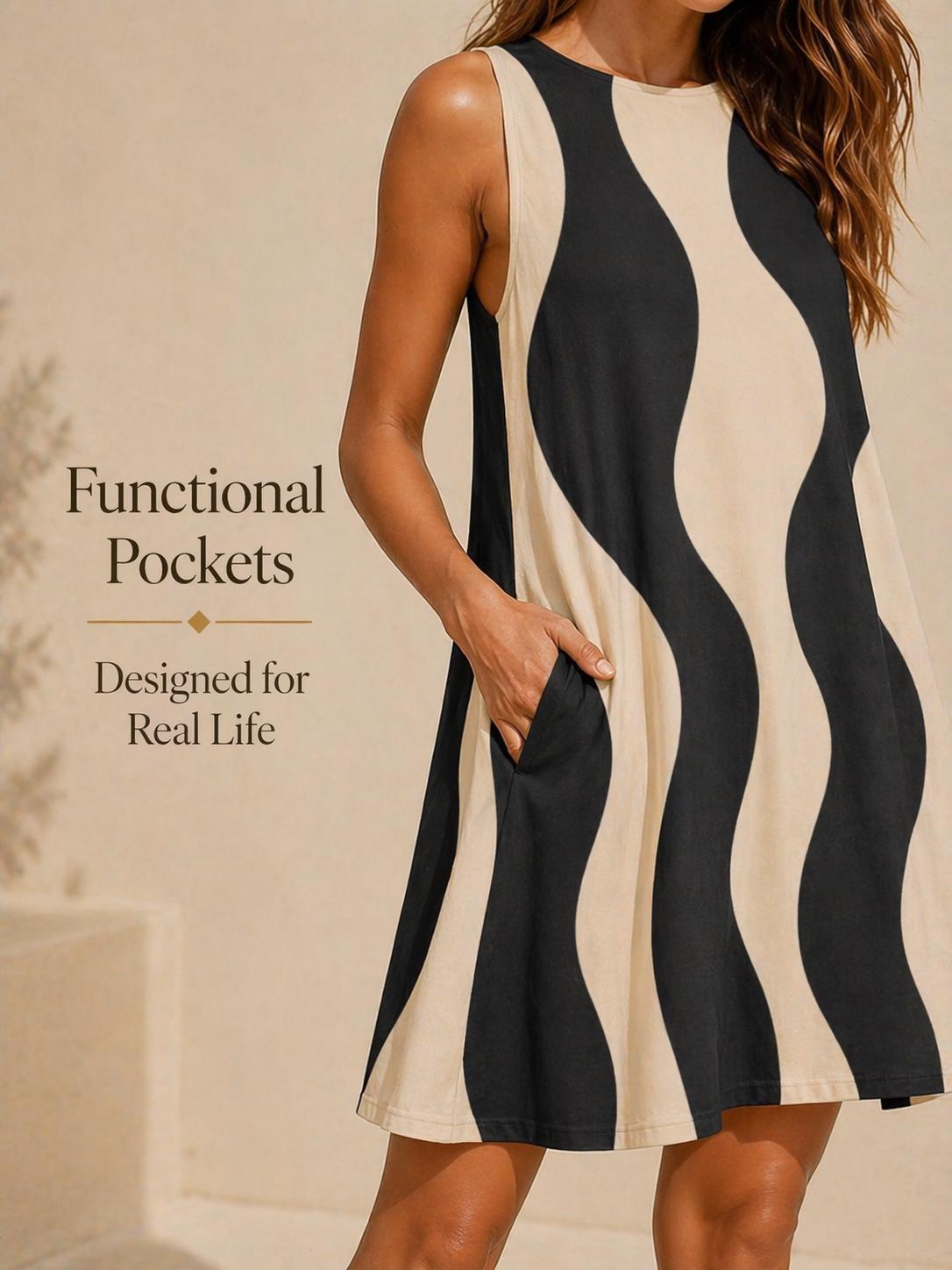 Minimalist Wave A-Line Midi Dress | Black Beige Pocket Occasion Dress