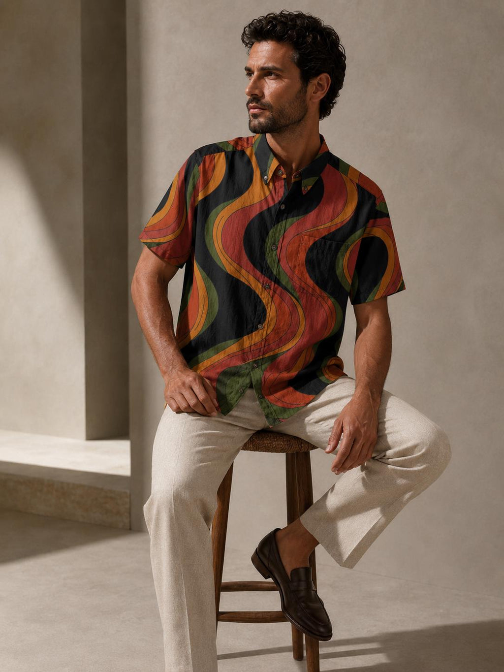 Men’s Retro Wave Cotton Resort Shirt | 70s Mediterranean Button-Up