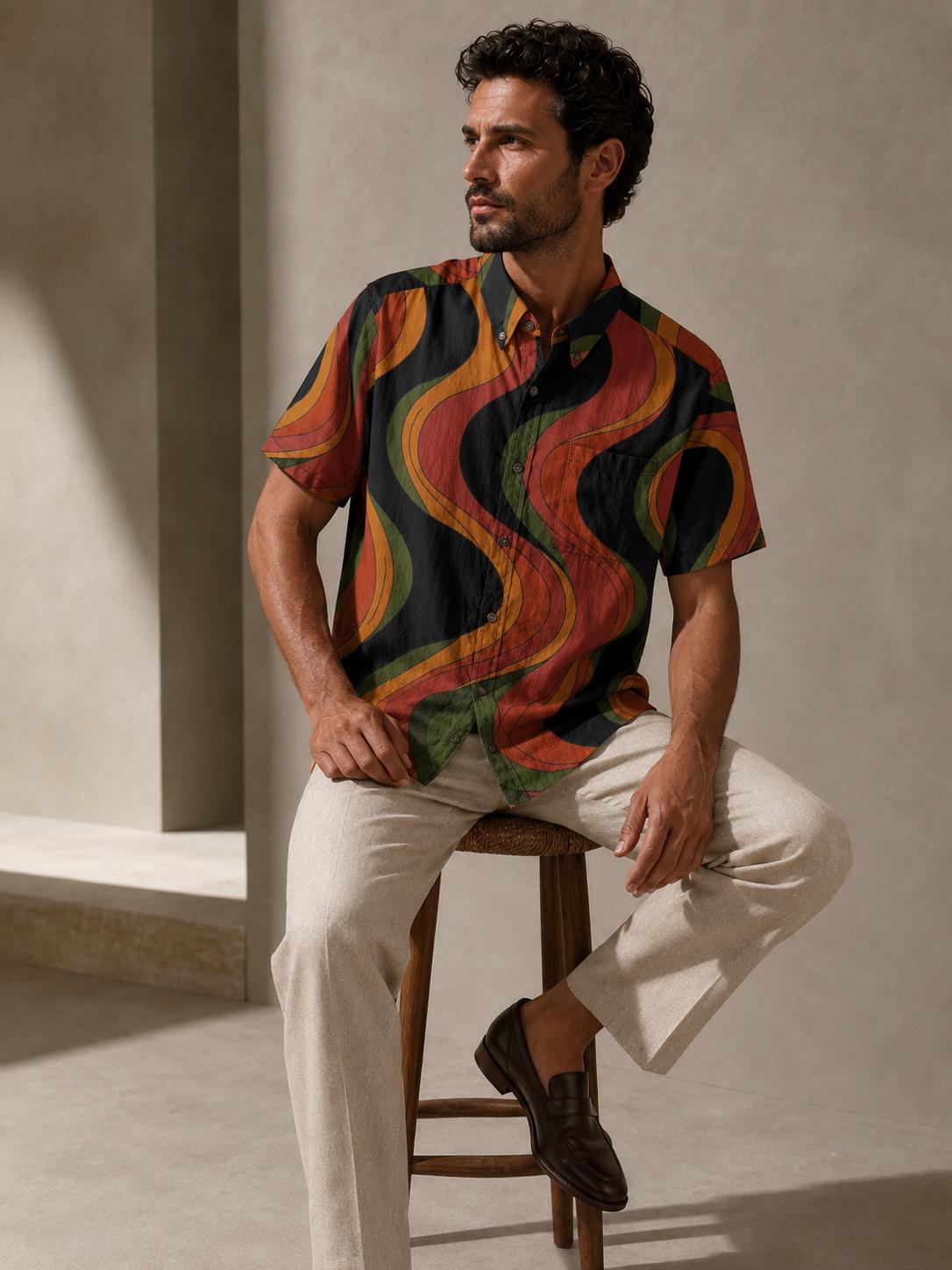 Men’s Retro Wave Cotton Resort Shirt | 70s Mediterranean Button-Up