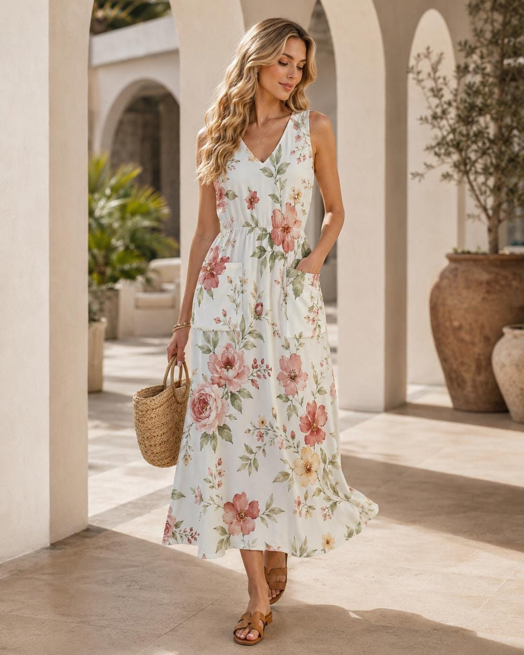 Watercolor Floral Maxi Dress | Garden Party Dress with Pockets