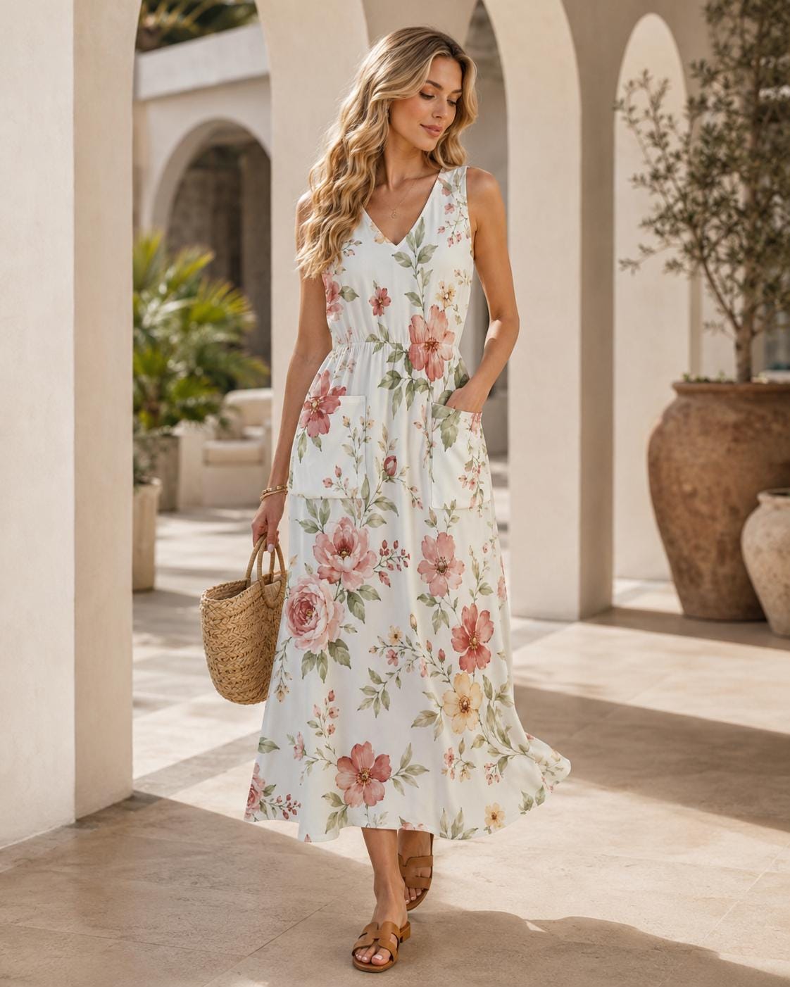 Watercolor Floral Maxi Dress | Garden Party Dress with Pockets