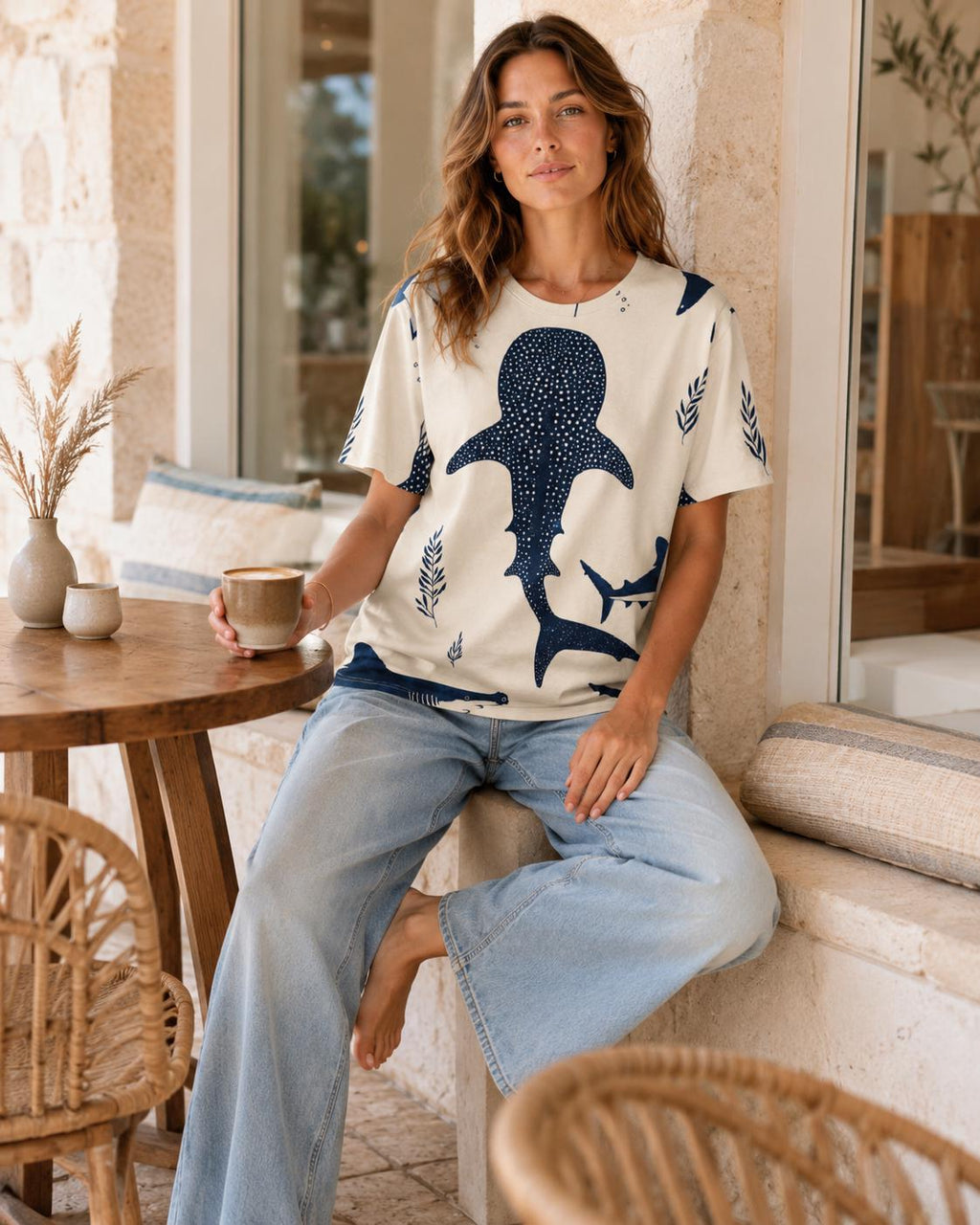 Whale Shark Cotton T-Shirt | Cream Coastal Ocean Graphic Tee
