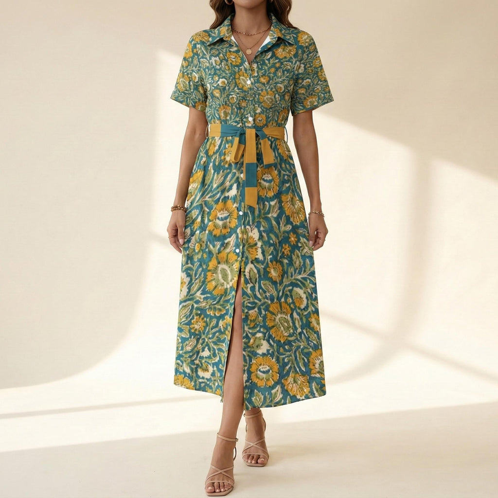 Boho Floral Midi Dress | Vintage Button-Down Summer Dress