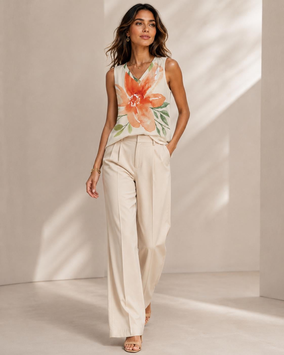 Orange Lily Floral Tank Top | Watercolor V-Neck Vacation Blouse