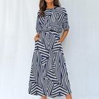 Navy Geometric Midi Dress | Modern Art A-Line Statement Dress