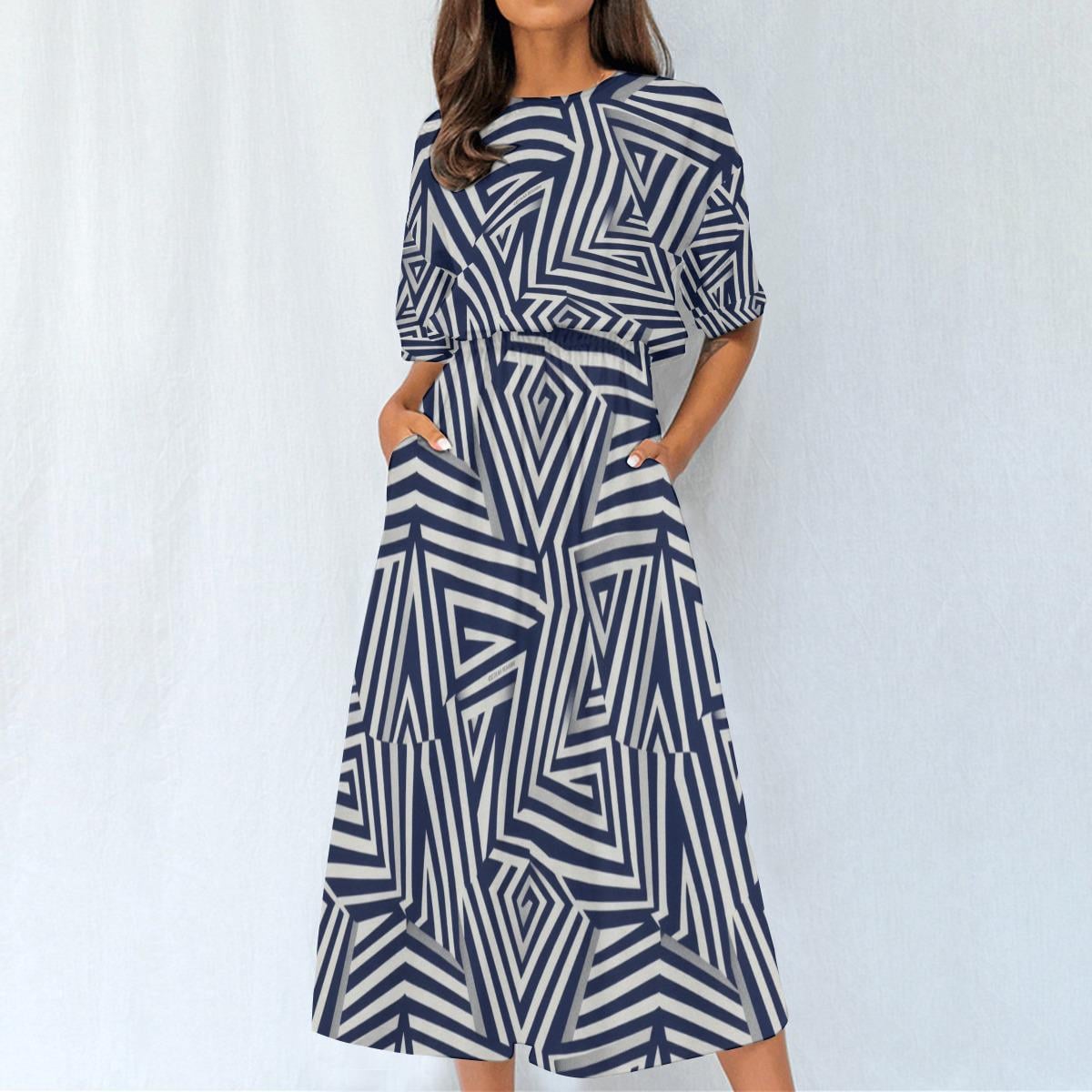 Navy Geometric Midi Dress | Modern Art A-Line Statement Dress