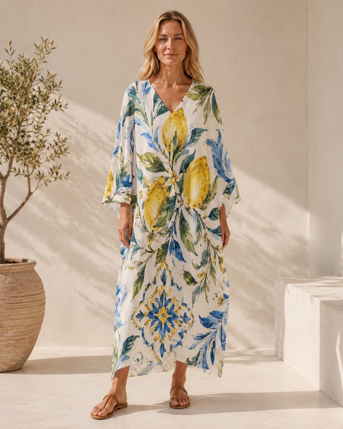 Lemon Kaftan Dress | Mediterranean Beach Cover-Up Resort Maxi