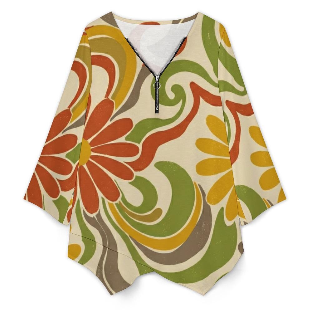 Abstract Floral V-Neck Tunic | Boho Zipper Travel Top