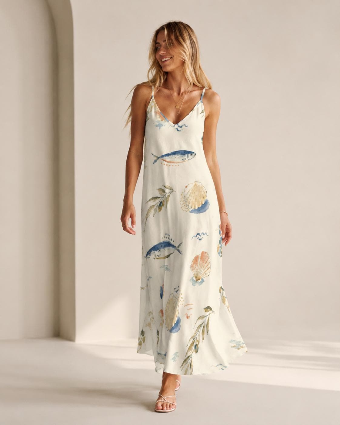 Mediterranean Fish Maxi Dress | Coastal Seashell Resort Sundress